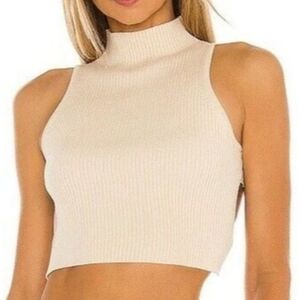 Camila Coelho Revolve Chic Summer Basic Mock Neck Ribbed Crop Top Cream Large